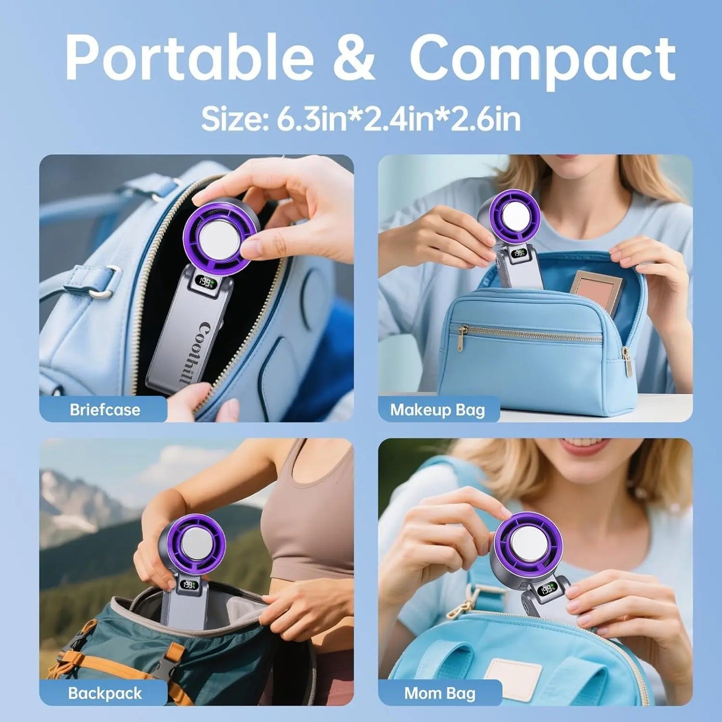 Handheld Portable Fan with Turbo Cooling - Hand Held Fan Rechargeable, 1-199 Speeds, up to 12Hrs Battery Life, Powerful Mini Personal Fan for Travel, Outdoor, Beach & Makeup