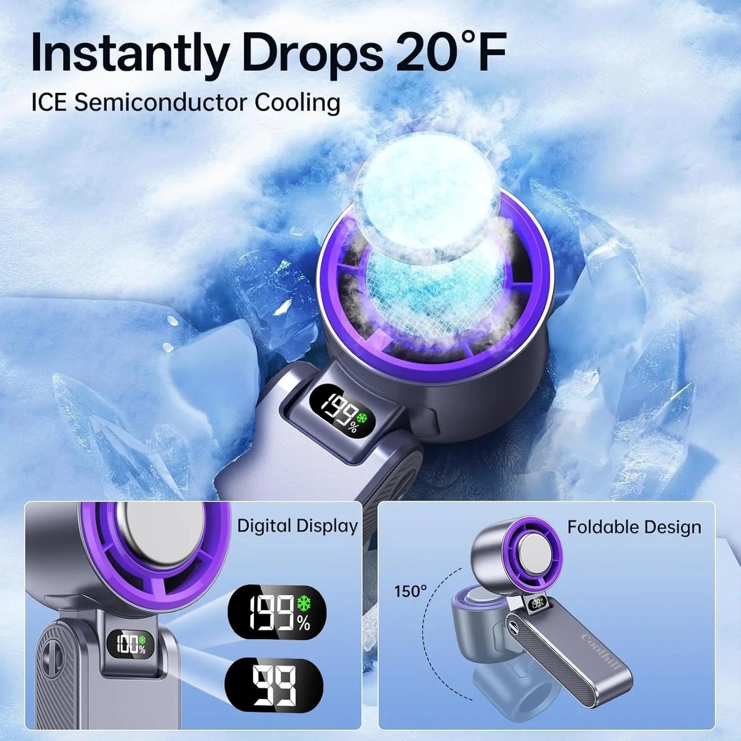 Handheld Portable Fan with Turbo Cooling - Hand Held Fan Rechargeable, 1-199 Speeds, up to 12Hrs Battery Life, Powerful Mini Personal Fan for Travel, Outdoor, Beach & Makeup